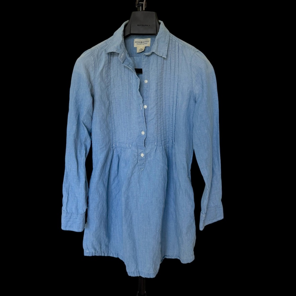 Denim & Supply Ralph Lauren Blue Cotton Linen Pintuck Tunic Shirt Womens Medium